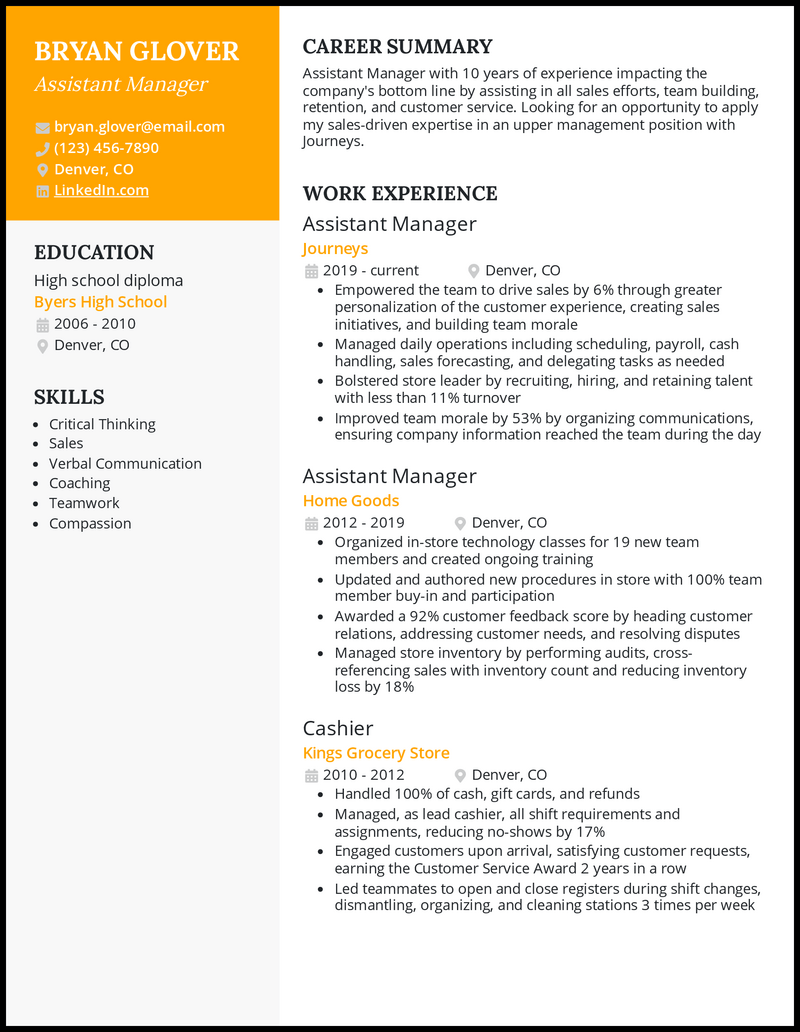 assistant manager resume