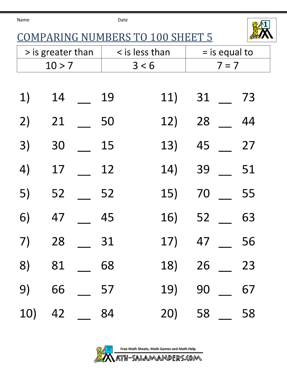 free printable greater than less than worksheets