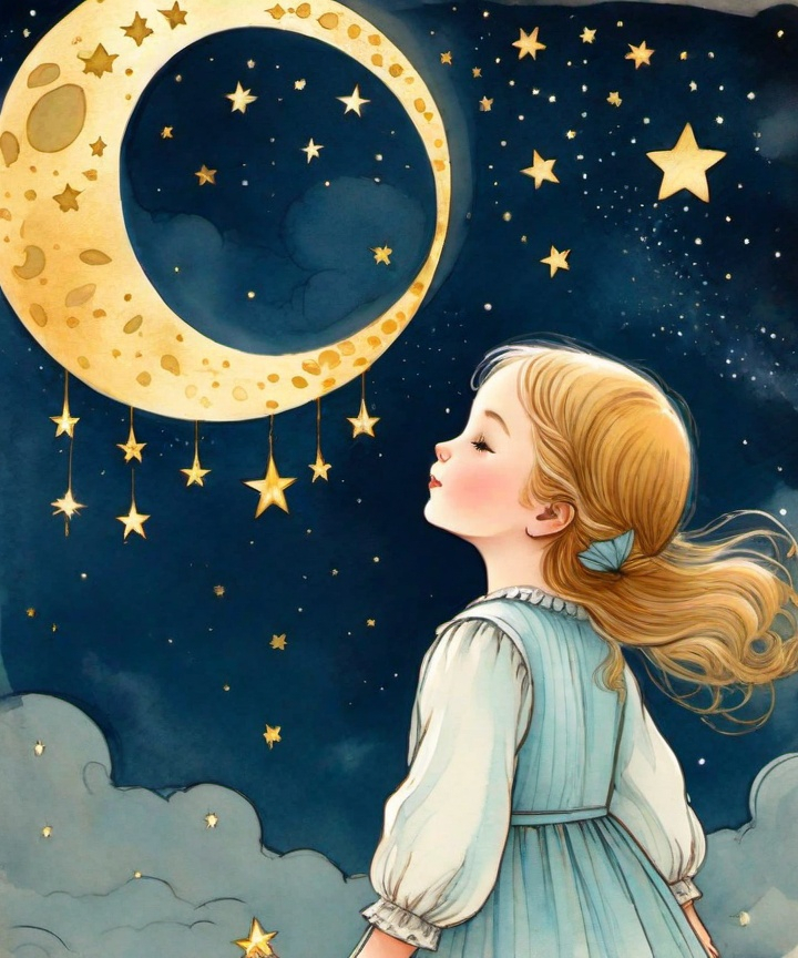 girl looking at moon and stars