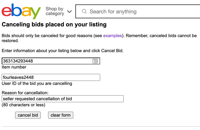cancelling bid on ebay as seller