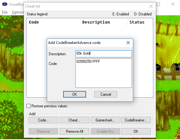 how to use cheats in visual boy advance