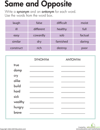 synonyms antonyms worksheet