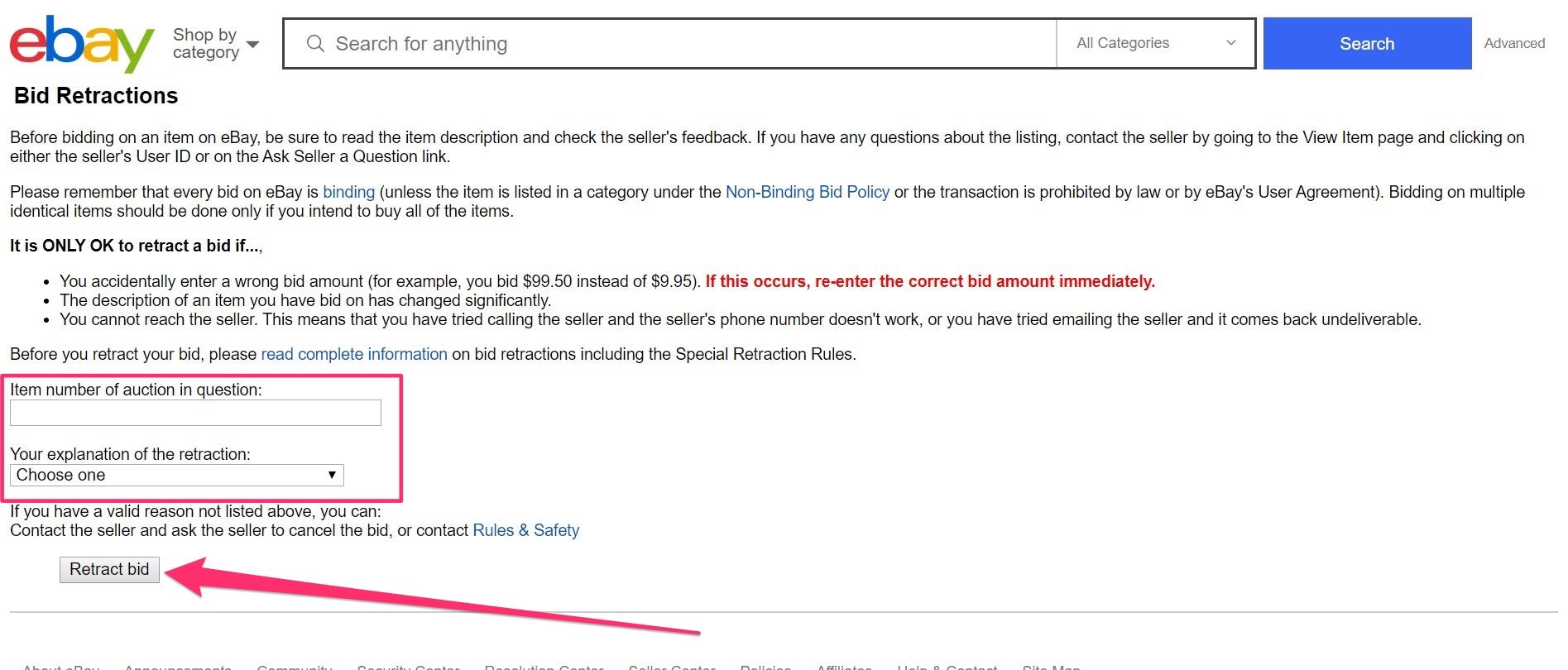 how to retract bid in ebay