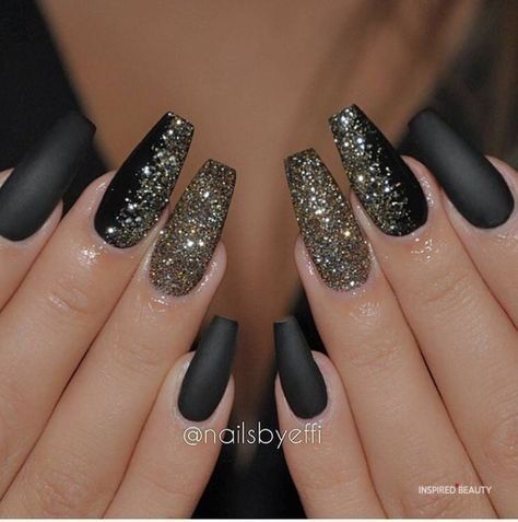 black nail polish with gold glitter