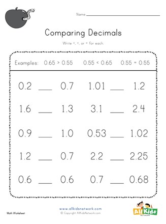 comparing decimals worksheet with answers