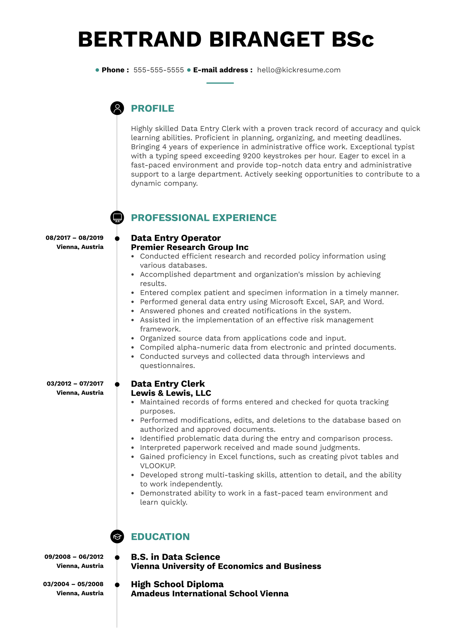 data entry operator resume