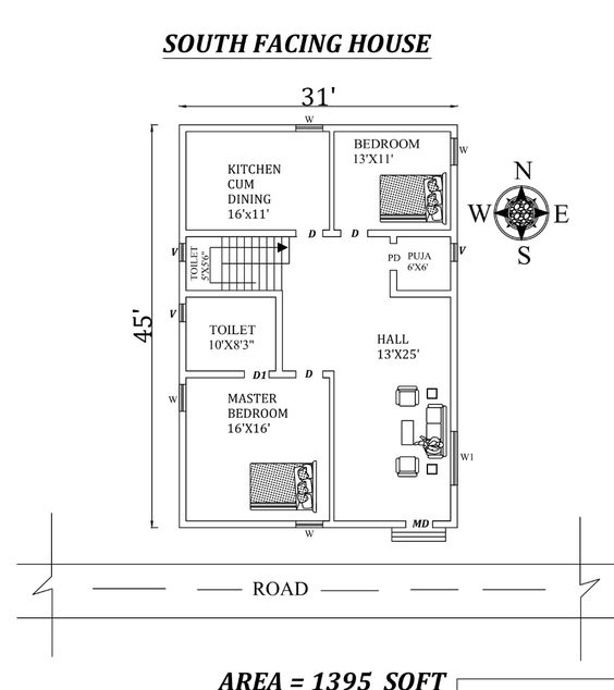 2bhk house plan with staircase