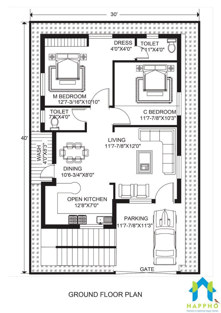 2bhk plans with dimensions