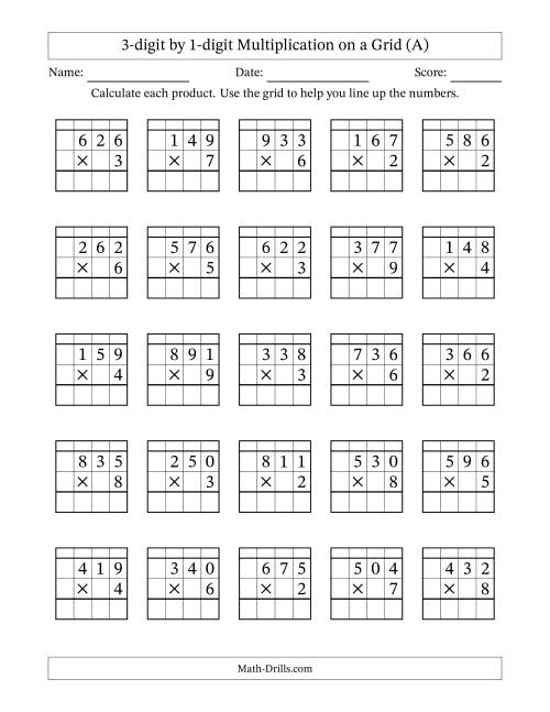 3 digit by 1 digit multiplication