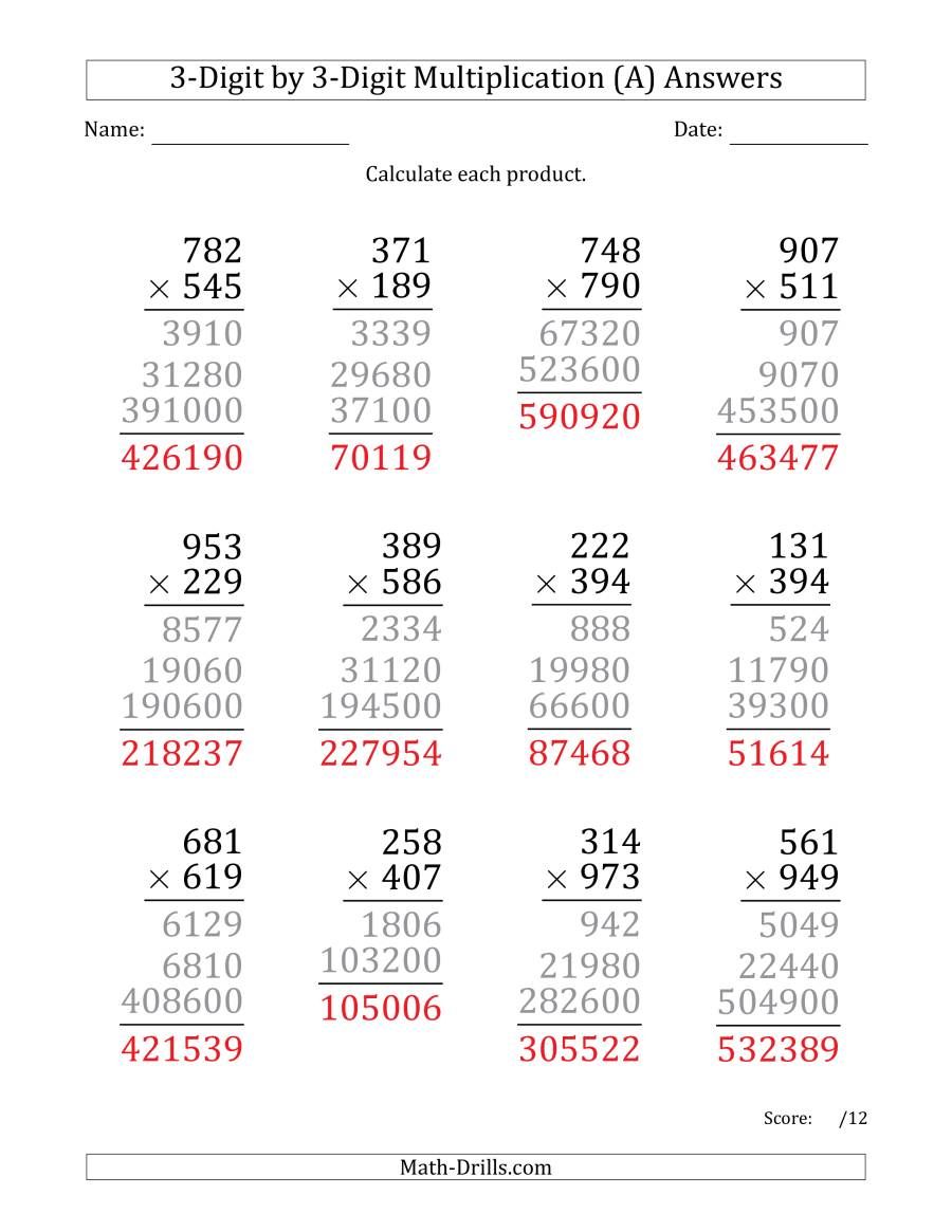 3 digit multiplication with answers