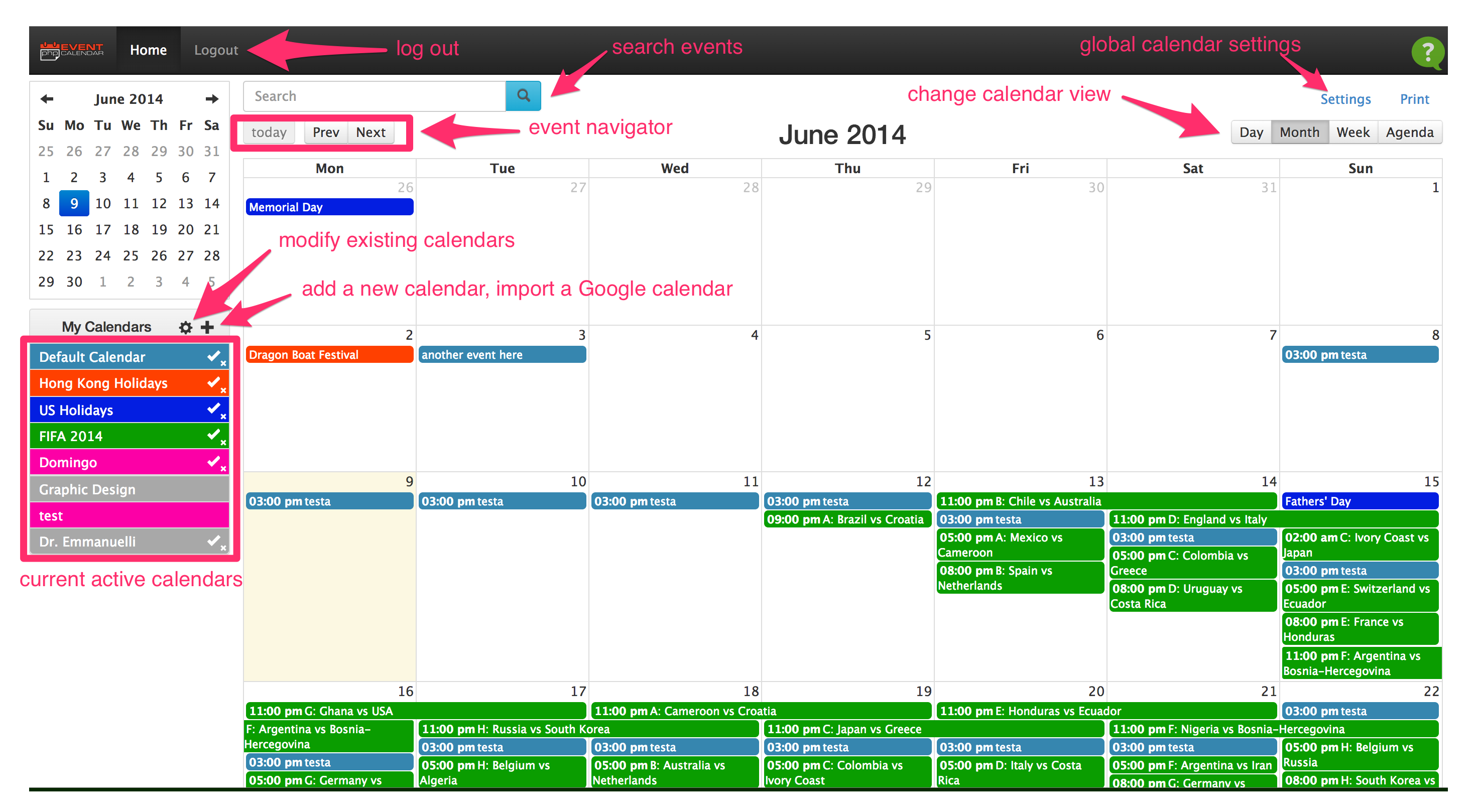 php event calendar with mysql database