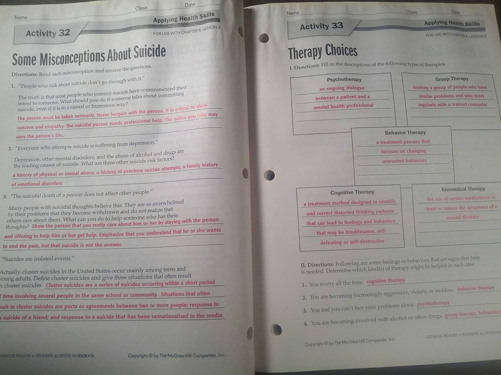 glencoe health student activity workbook answer key