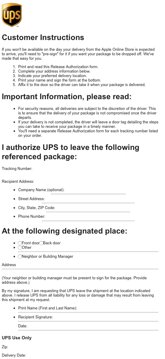 ups signature required release form