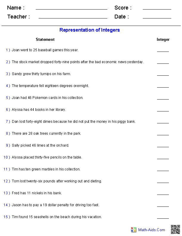 integers practice worksheet