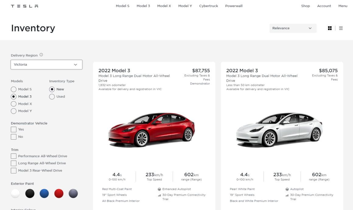 tesla model 3 inventory australia