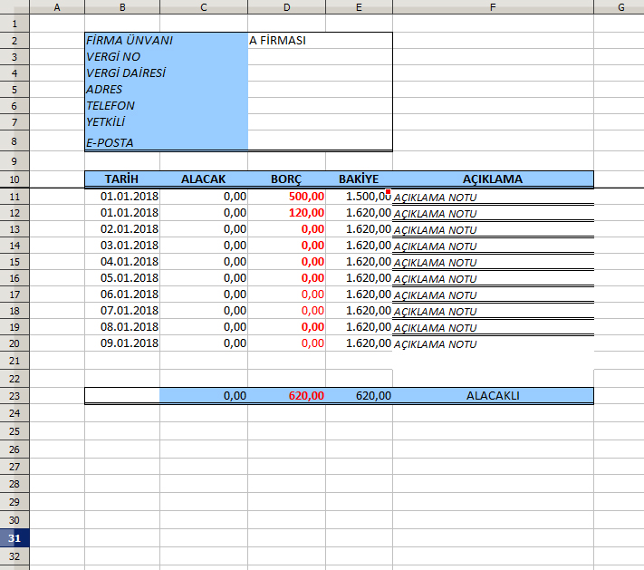 excel cari hesap ekstresi