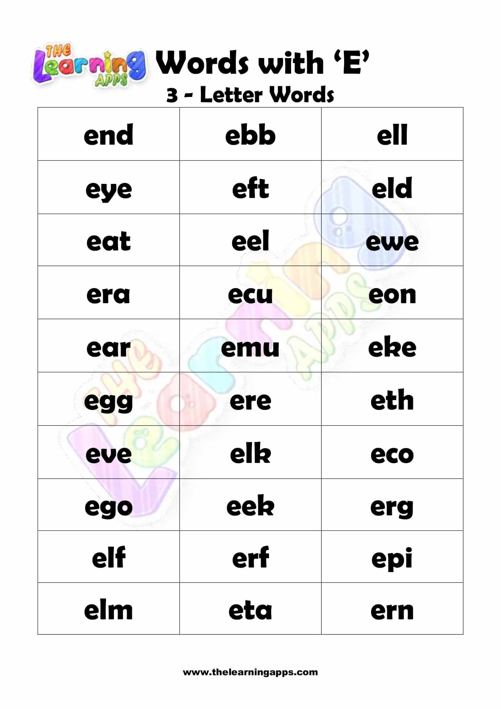 3 letter words that begin with e