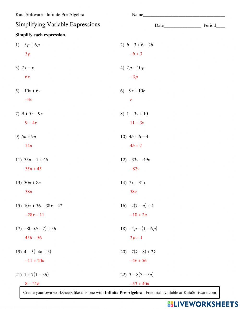 simplifying expressions worksheet