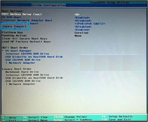 hp bios boot options