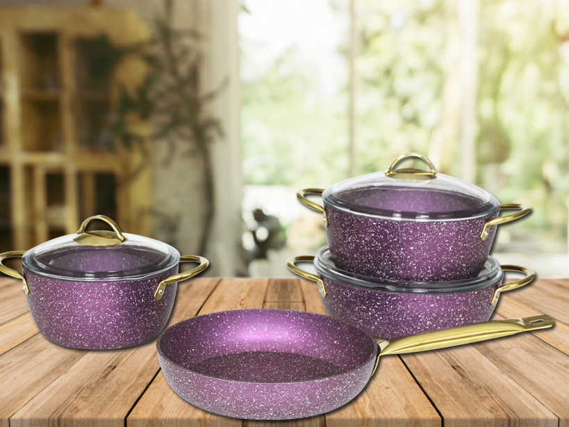 purple pots and pans