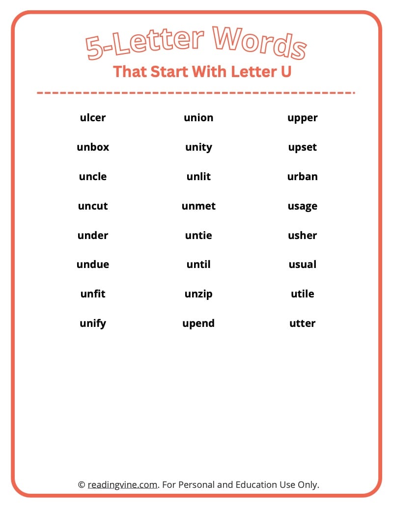 5 letter words that begin with u