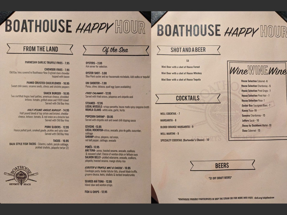 boathouse at hendrys beach happy hour menu