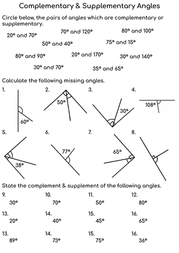 complementary and supplementary angles worksheet answers