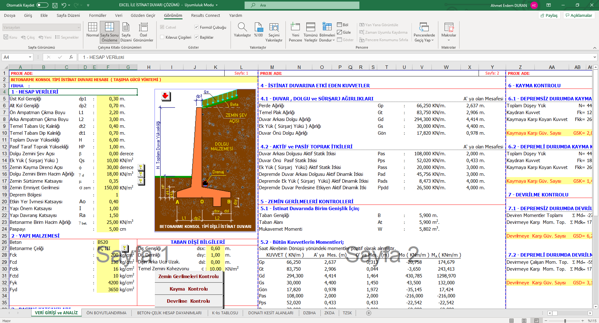 istinat duvarı excel