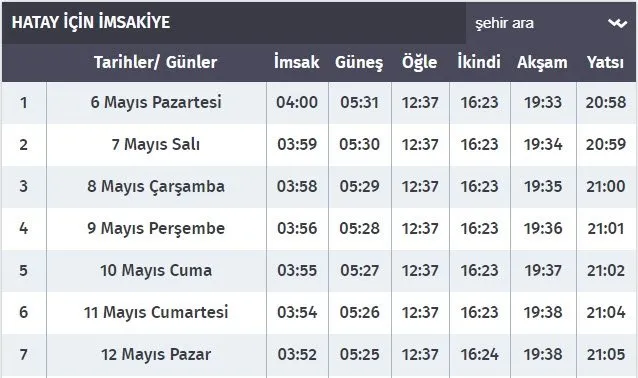 hatay iftar vakitleri