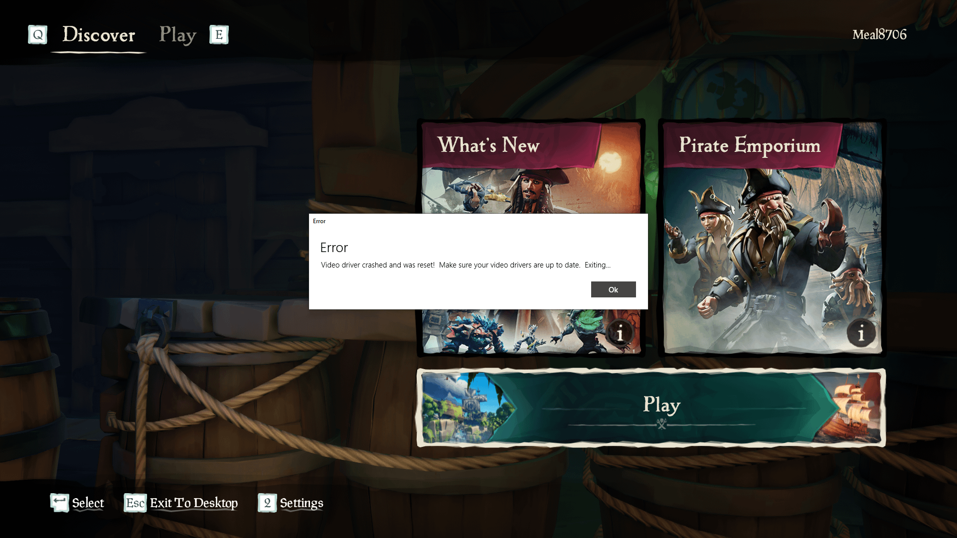 sea of thieves video driver crashed and was reset