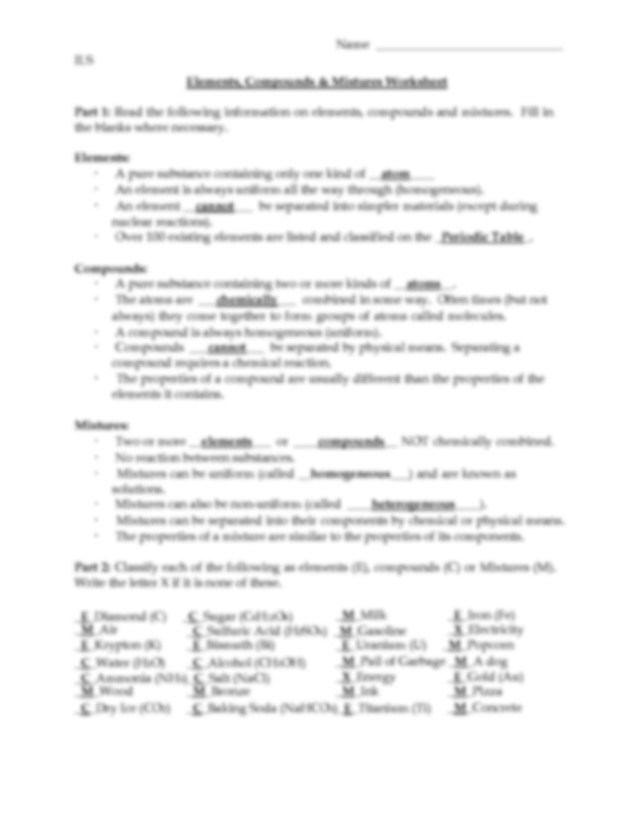 elements compounds and mixtures 1 worksheet answers