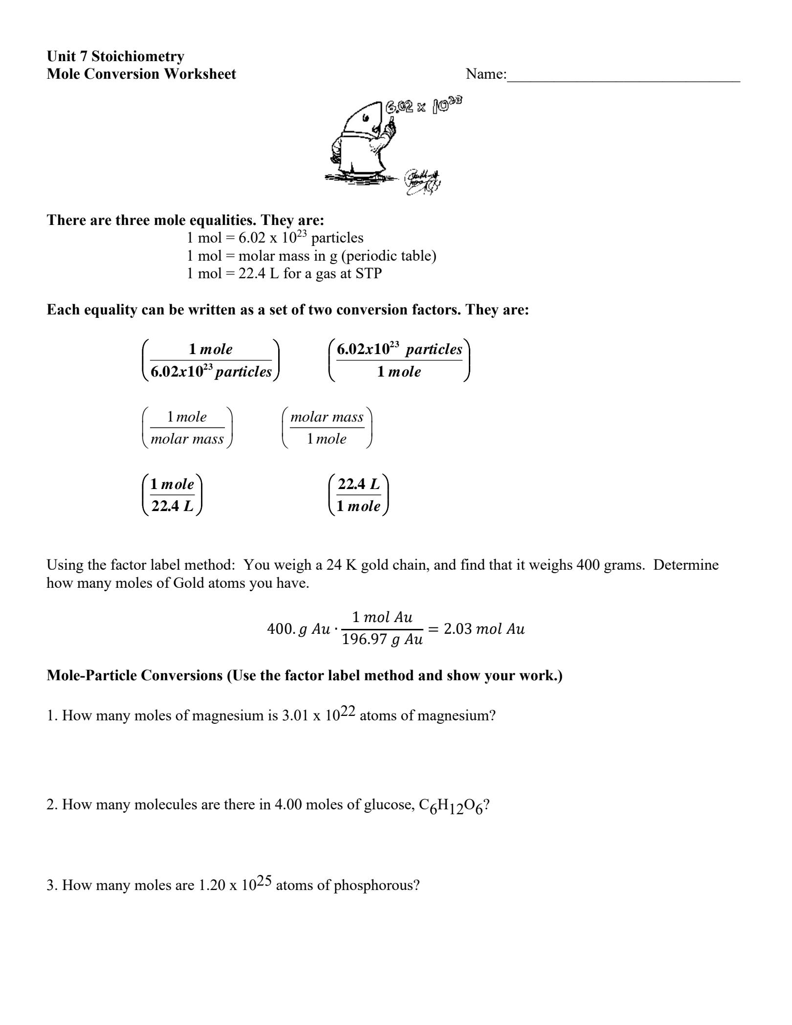 mole to mole conversion worksheet answers