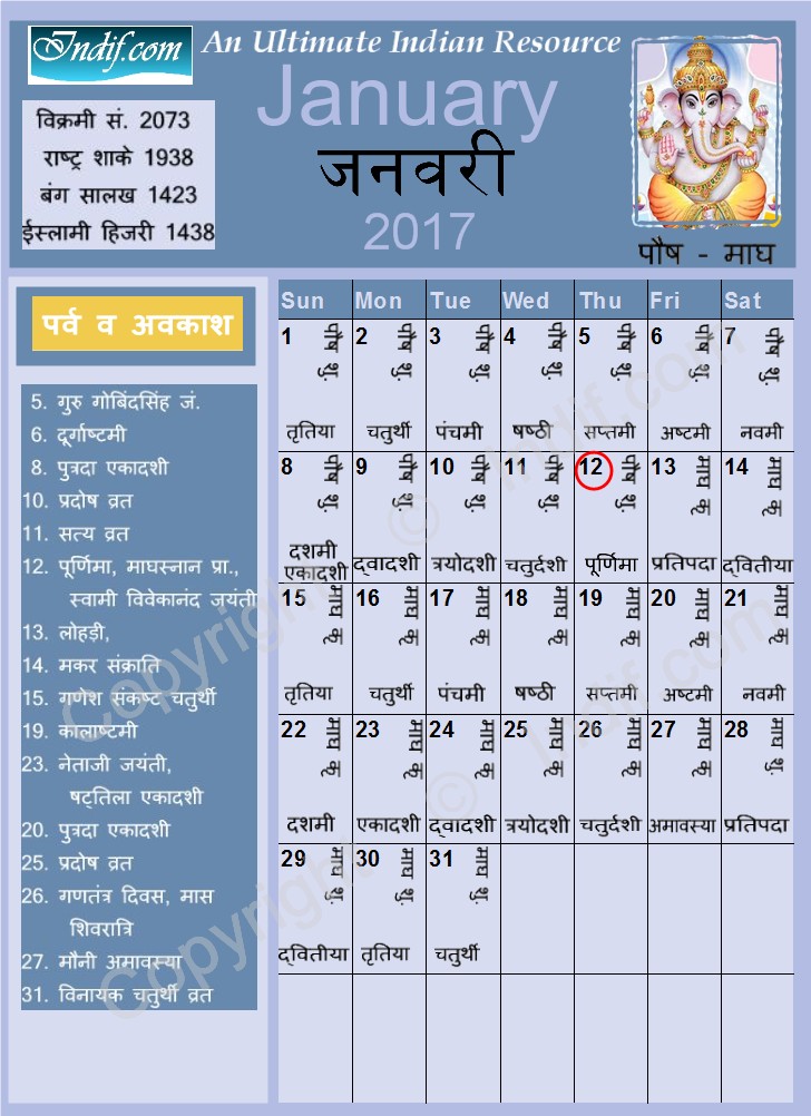 16 january 2017 tithi