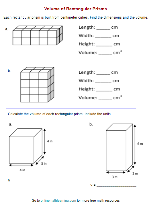 worksheets on volume of rectangular prisms