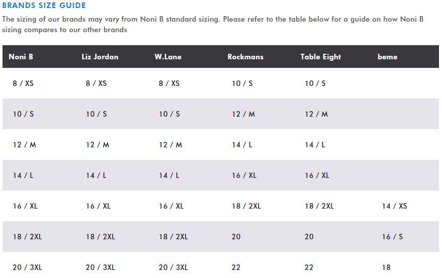 autograph clothing size chart