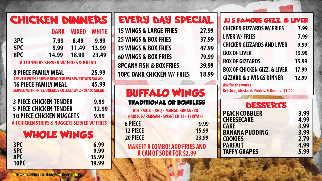 jj fish and chicken menu prices