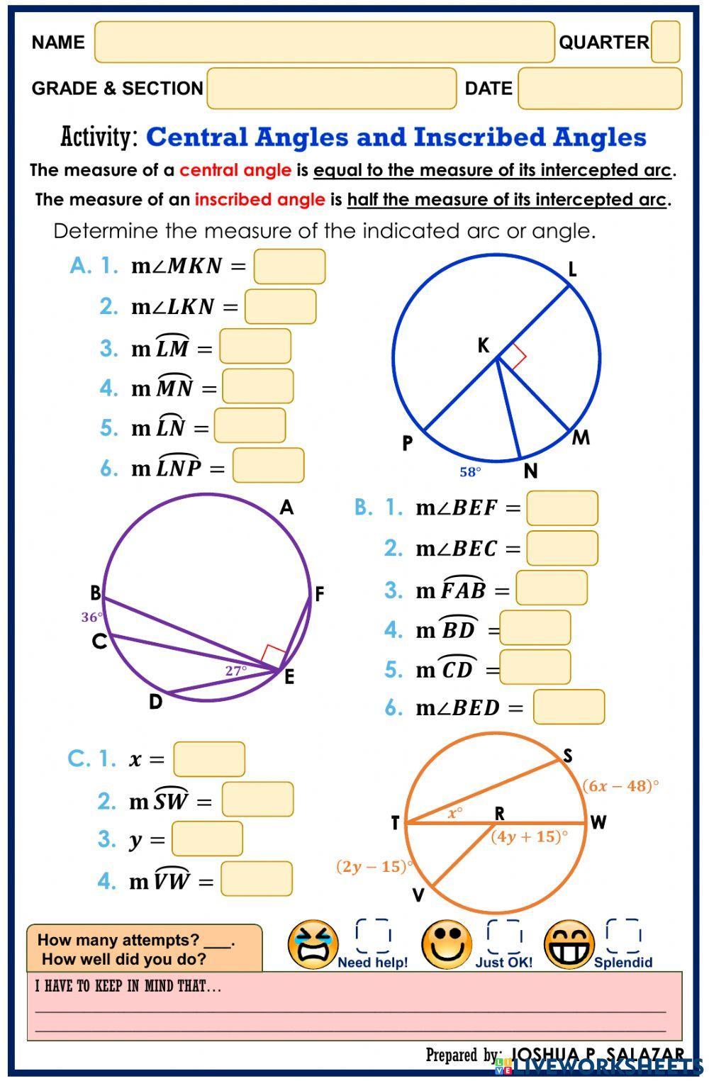 central angles worksheet