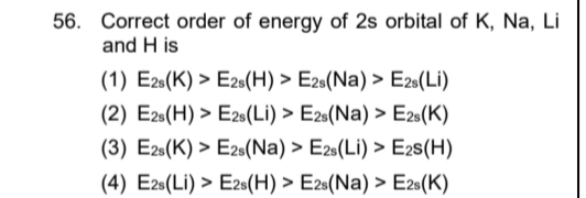 correct order of energy of 2s orbital