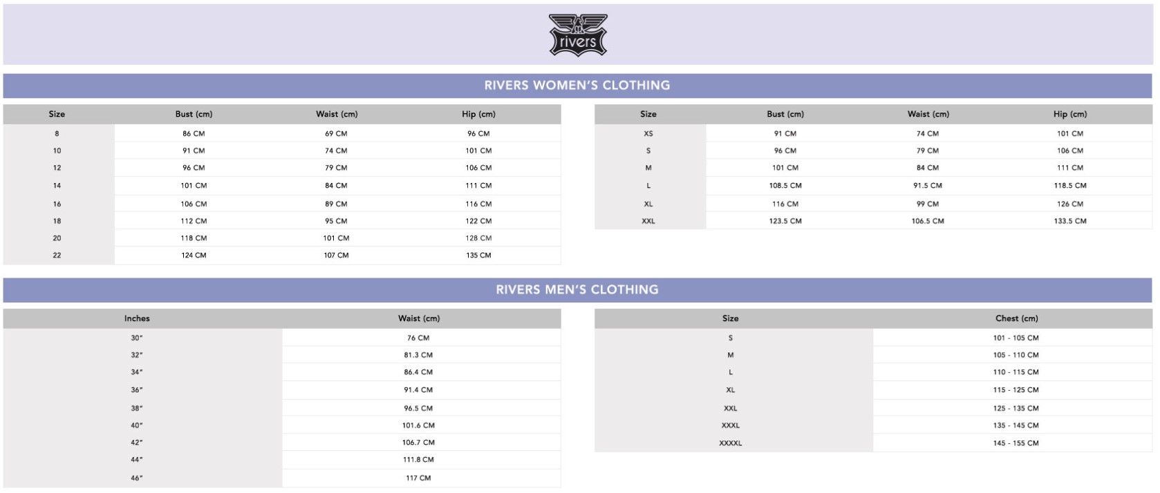 w lane size chart