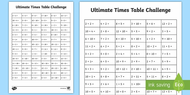 times table question sheet