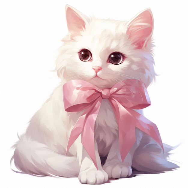 white cat with pink bow