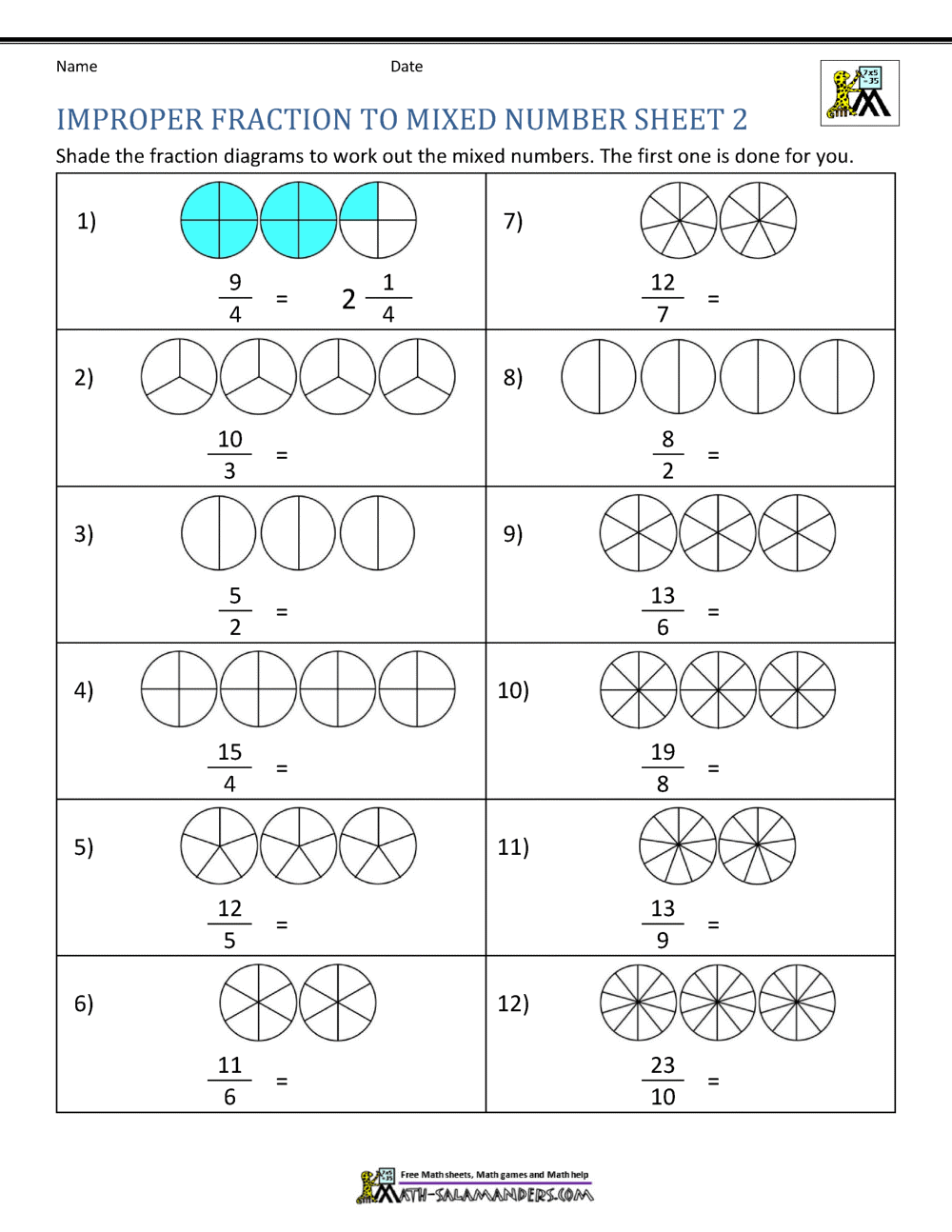 fractions improper to mixed worksheets