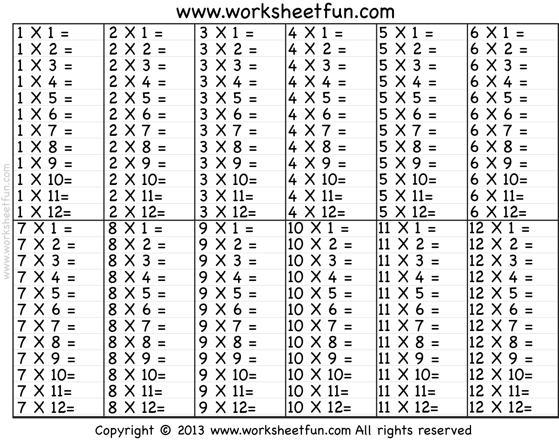 times table sheets