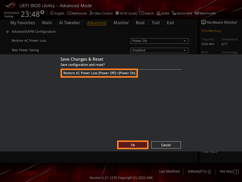 asus restore ac power loss