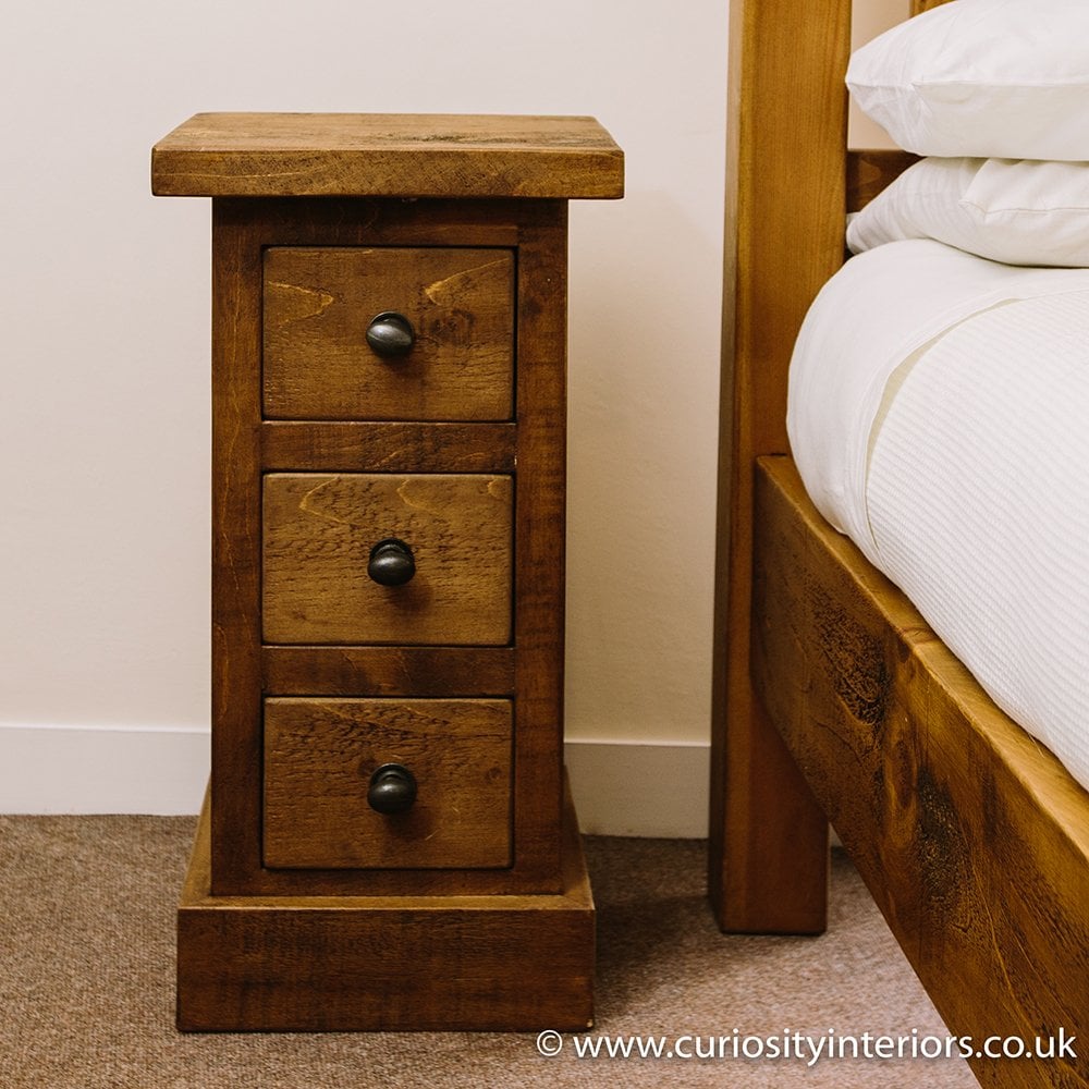 narrow bedside table with drawers