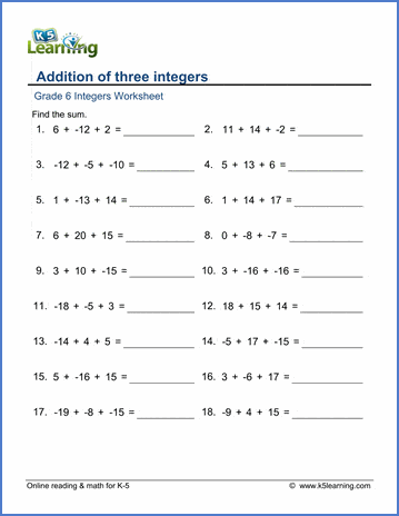 6th grade integers worksheet