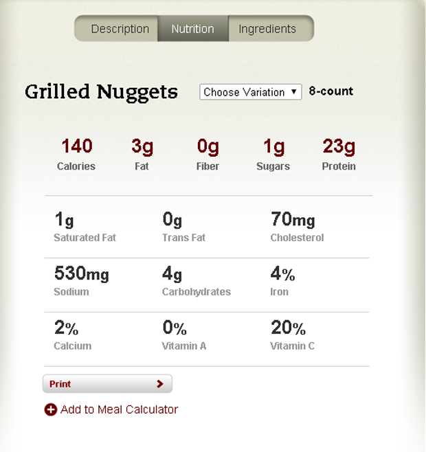 calories in chick fil a 8 count nuggets