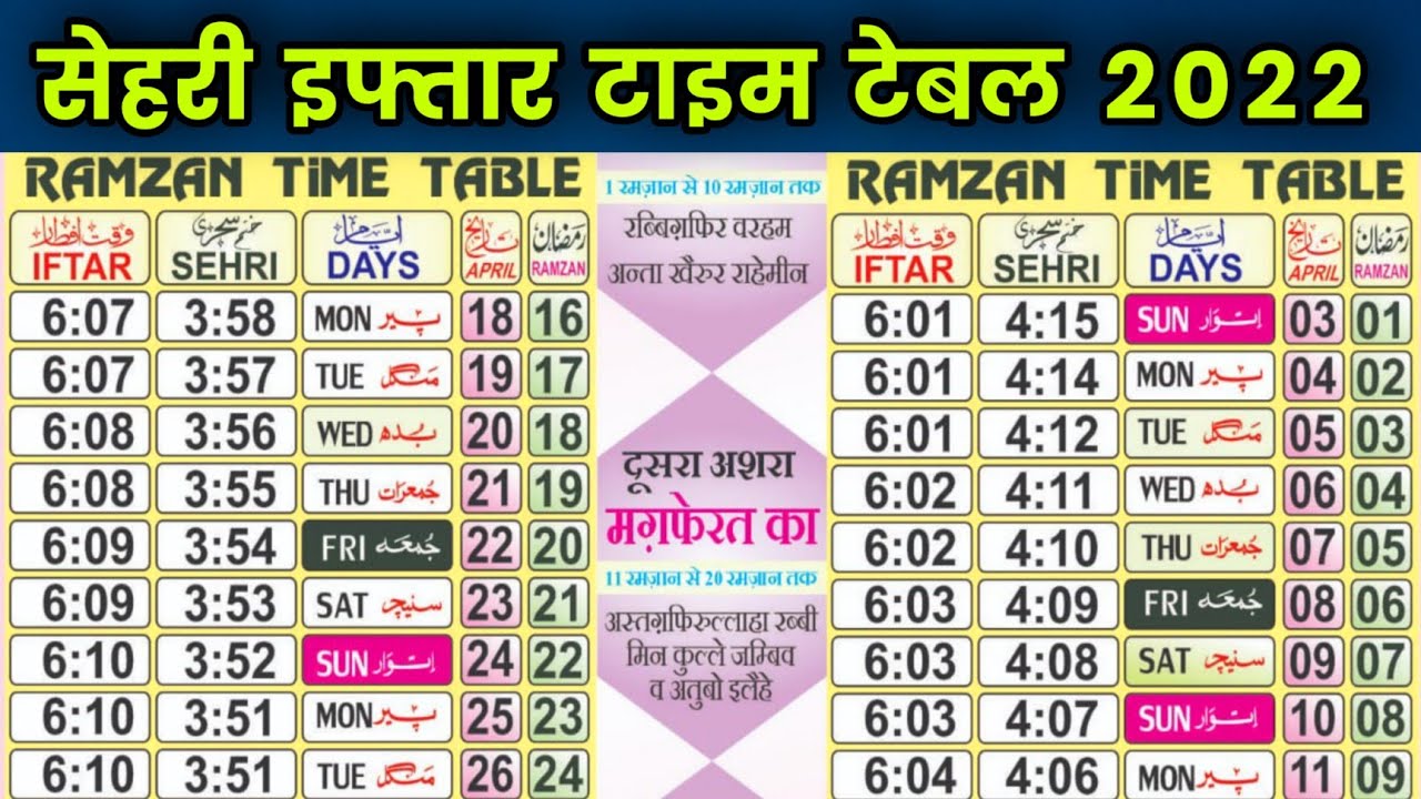 roza time table 2022 india