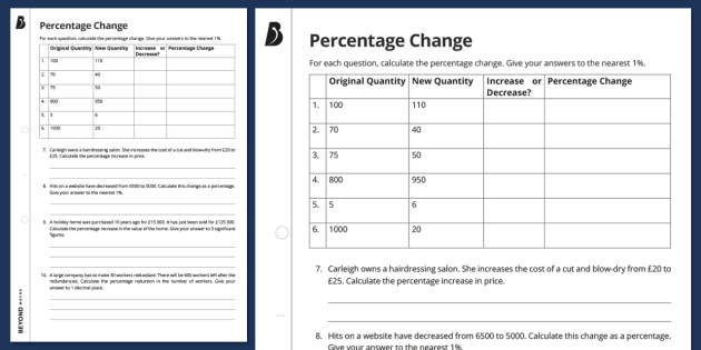 percent of increase decrease worksheet