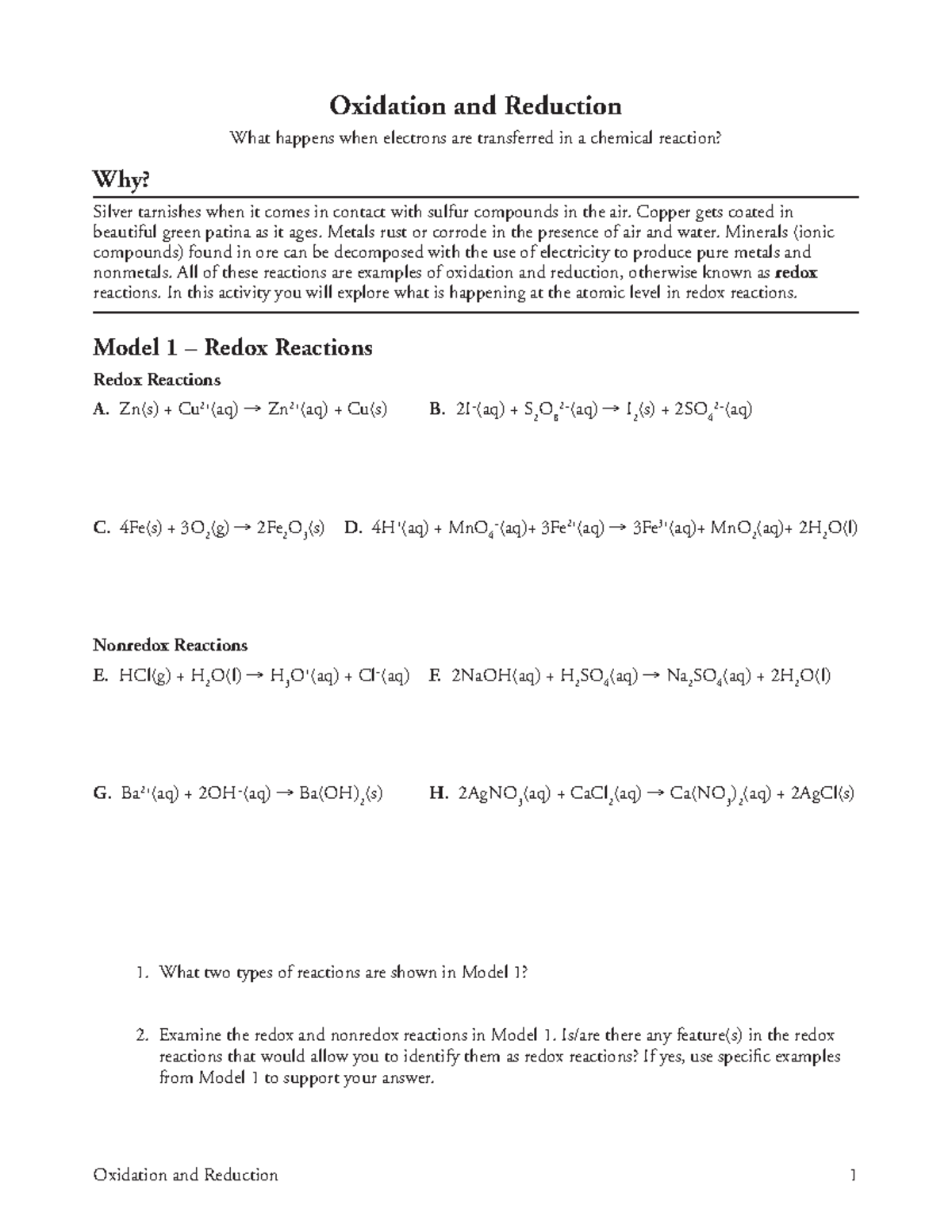 oxidation reduction pogil